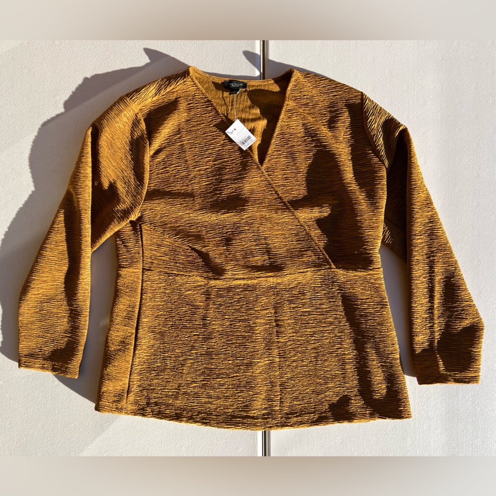 Ann Taylor Factory Women’s Textured Brown Long Sleeve V-Neck Top Tunic Faux Wrap - Picture 4 of 6